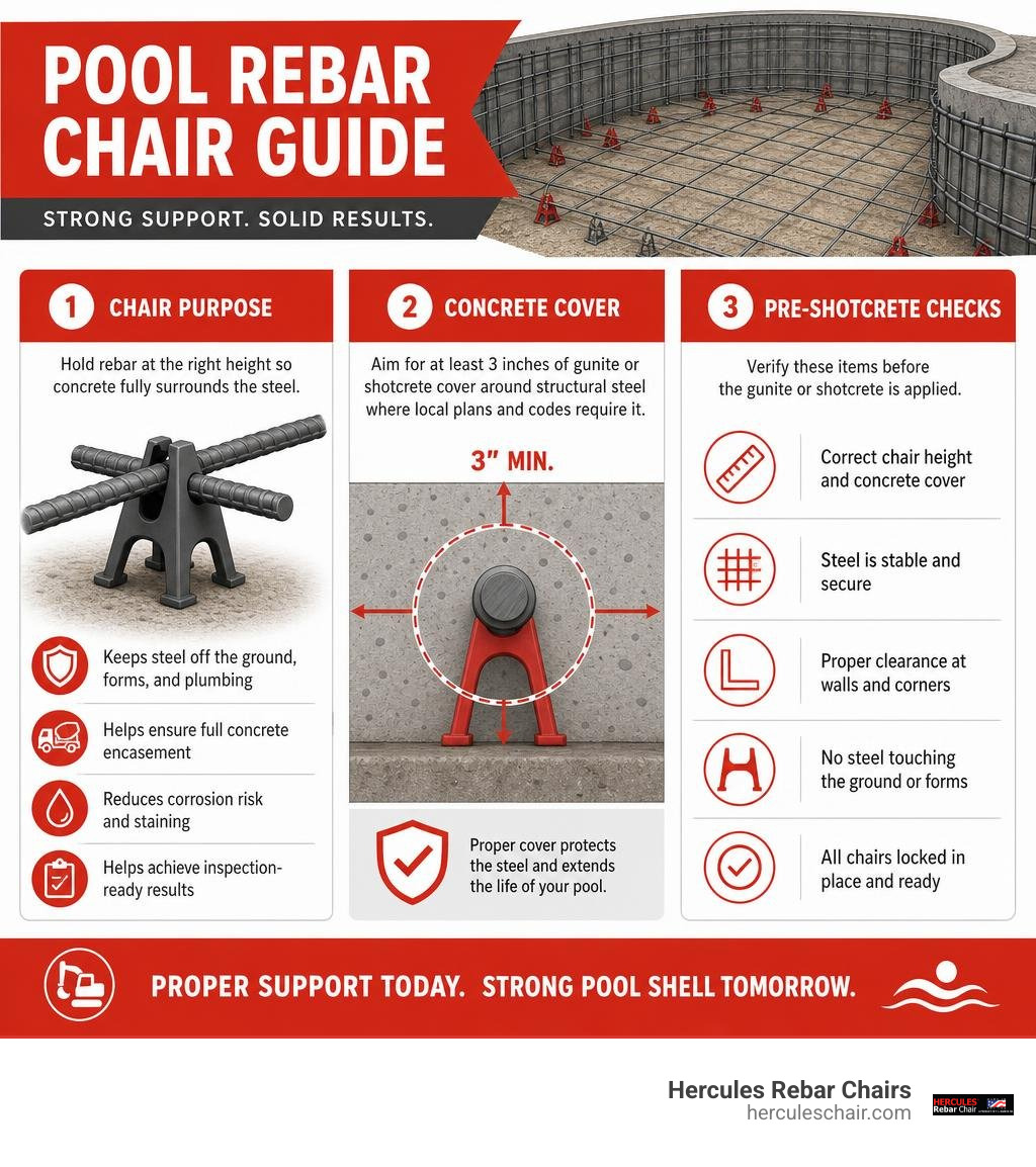 Pool rebar chair guide showing chair purpose, concrete cover, and pre-shotcrete checks infographic