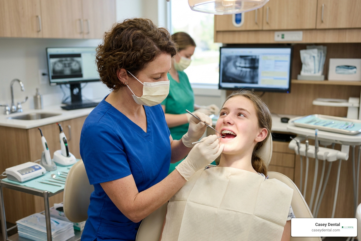 dentist examining patient braces during a routine visit