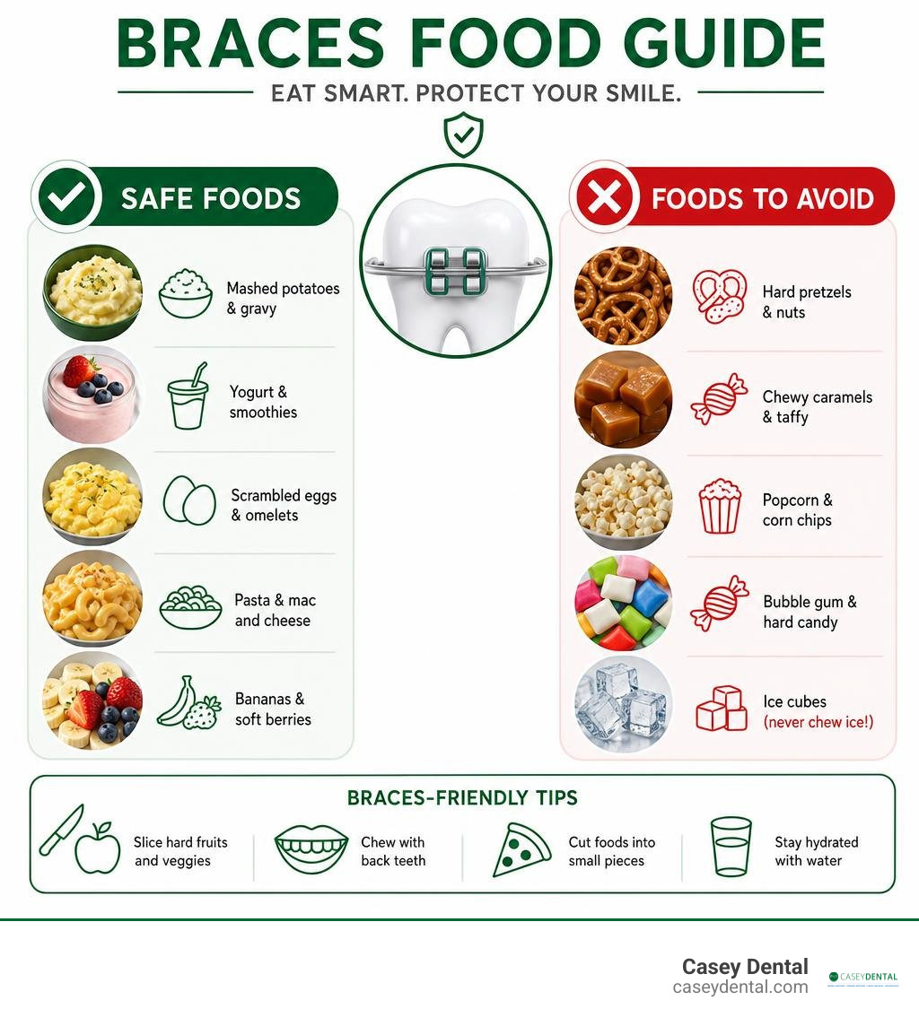 Comparison of braces safe foods versus foods to avoid infographic