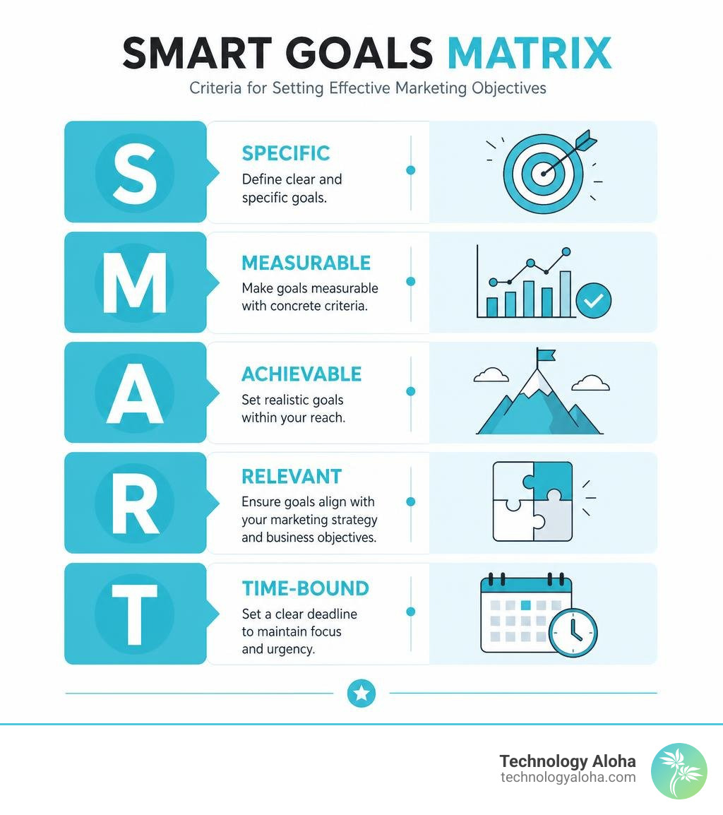 SMART goals matrix showing criteria for setting marketing objectives infographic SMART goals matrix showing criteria for setting marketing objectives infographic