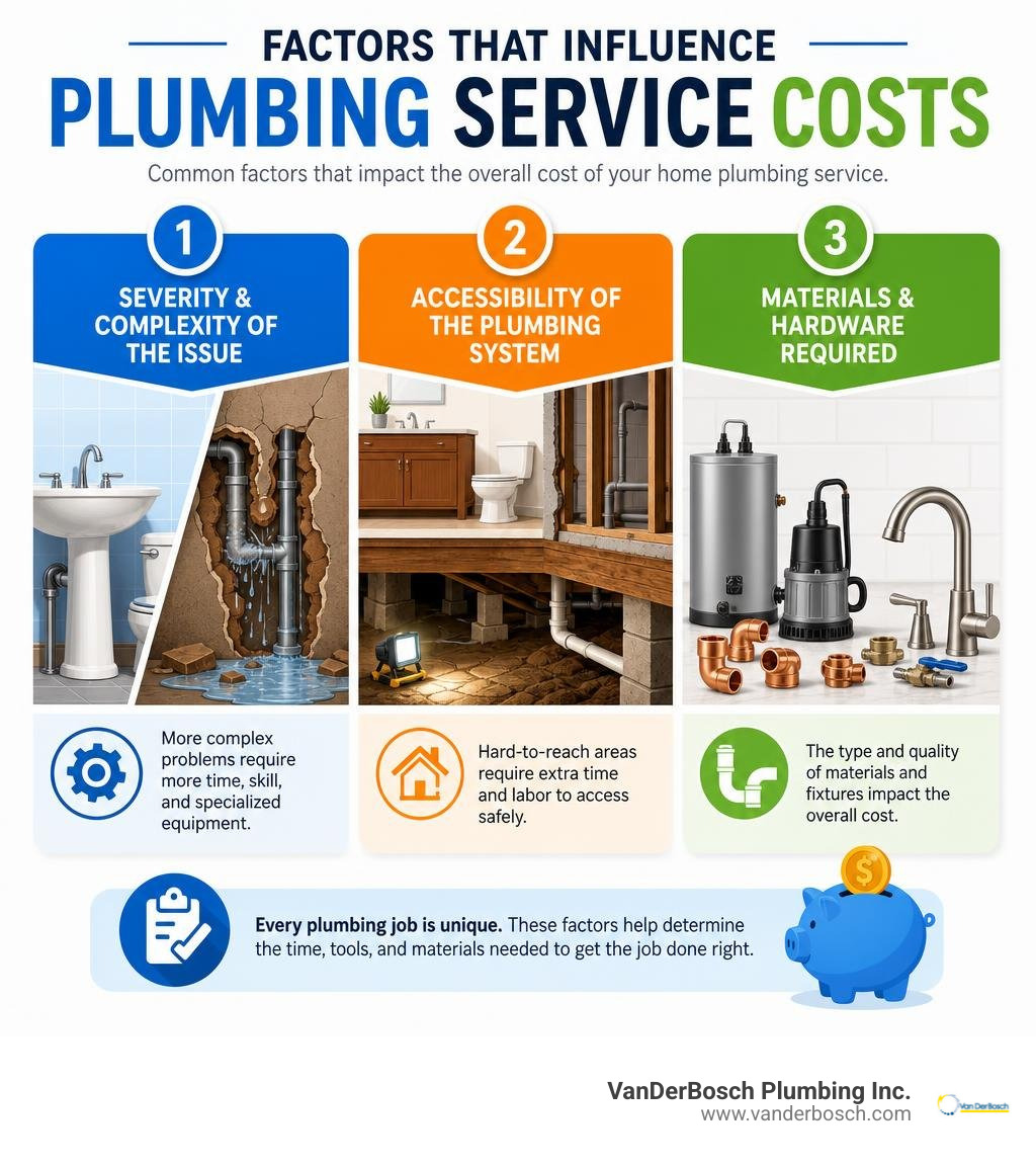 Infographic displaying common factors that influence overall residential plumbing service costs infographic Infographic displaying common factors that influence overall residential plumbing service costs infographic