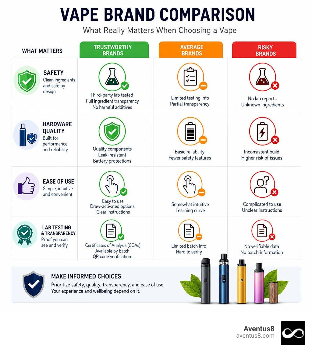Infographic comparing vape brand safety, lab testing, hardware quality, and ease of use infographic