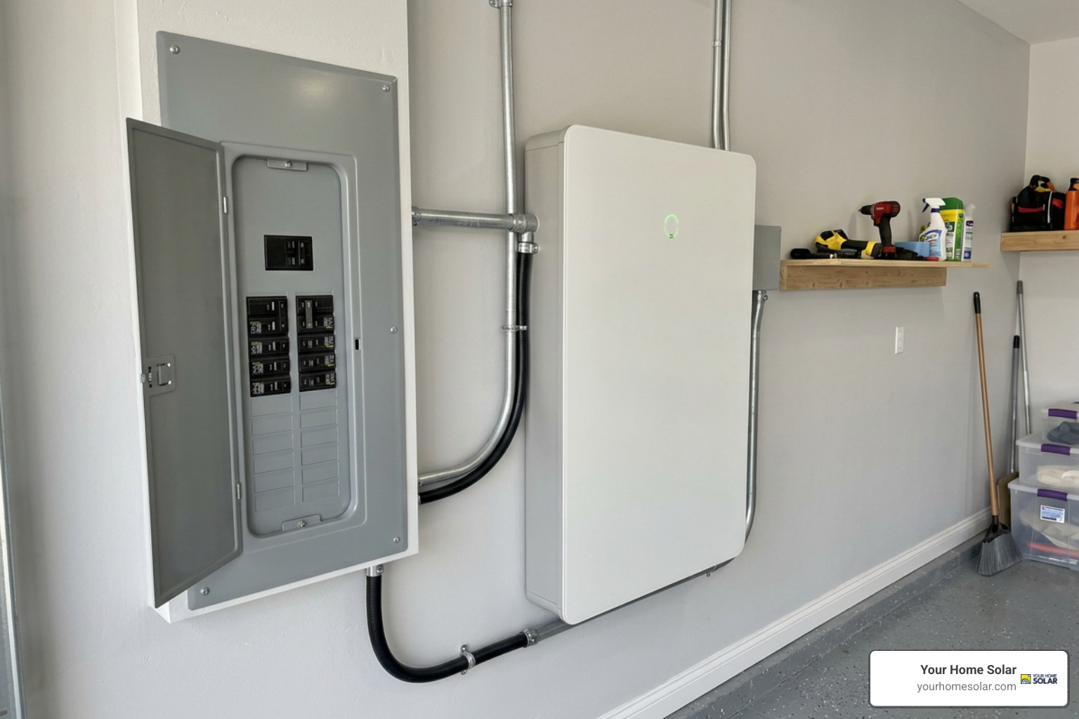 Home electrical service panel and wall-mounted battery backup unit Home electrical service panel and wall-mounted battery backup unit