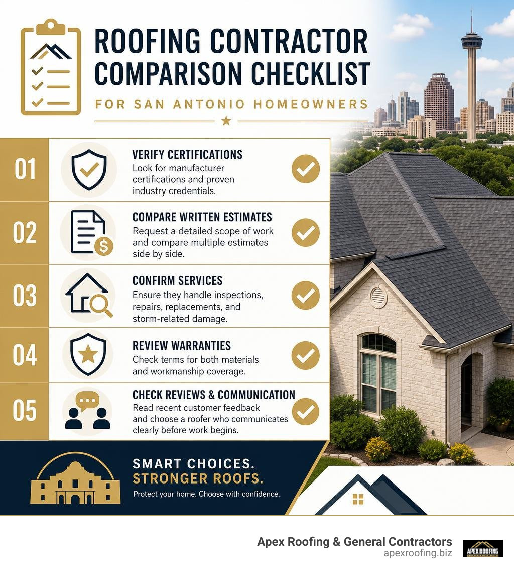 Roofing contractor comparison checklist for San Antonio homeowners infographic