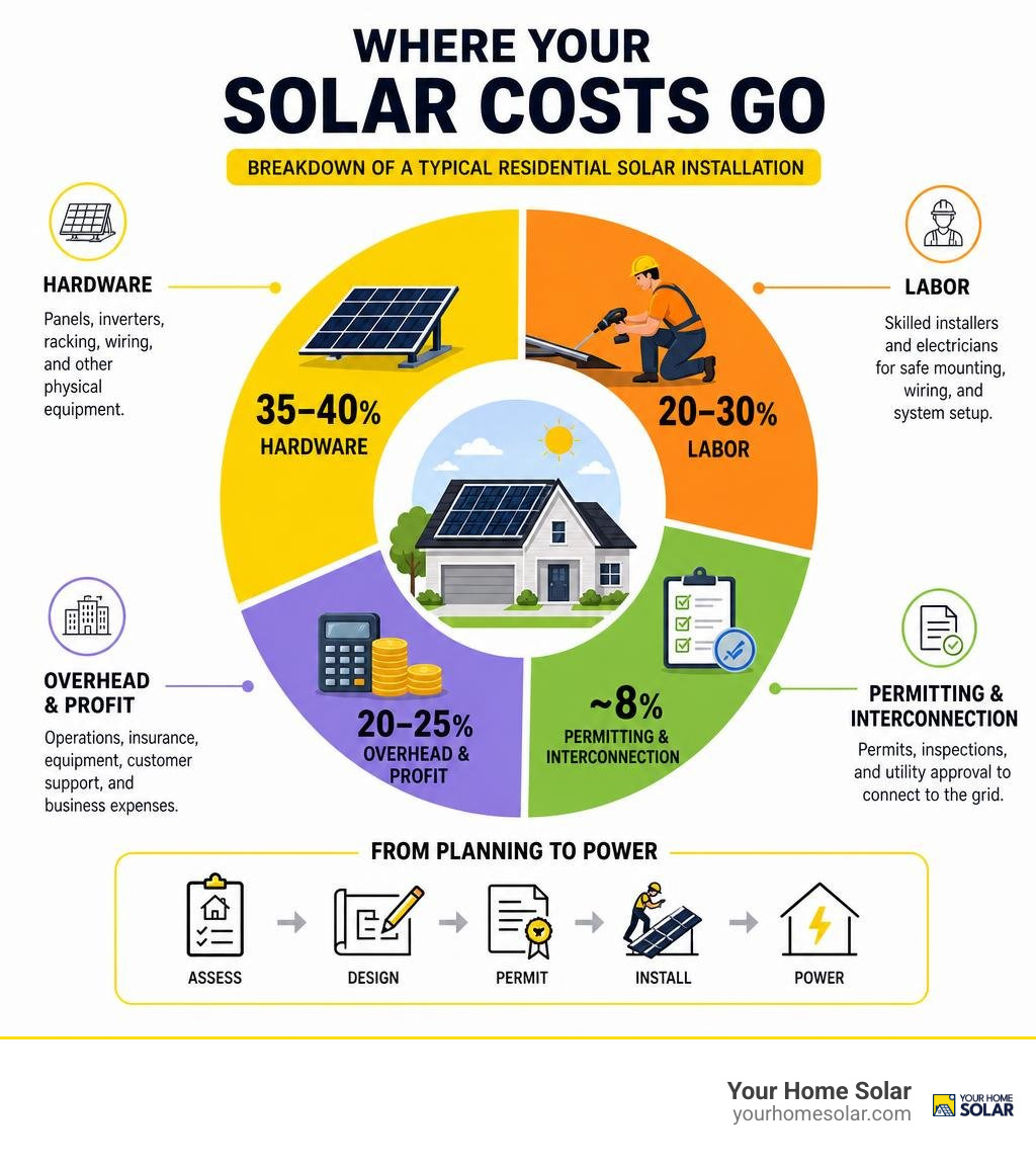 Infographic breaking down residential solar costs between hardware, labor, permitting, and overhead infographic Infographic breaking down residential solar costs between hardware, labor, permitting, and overhead infographic