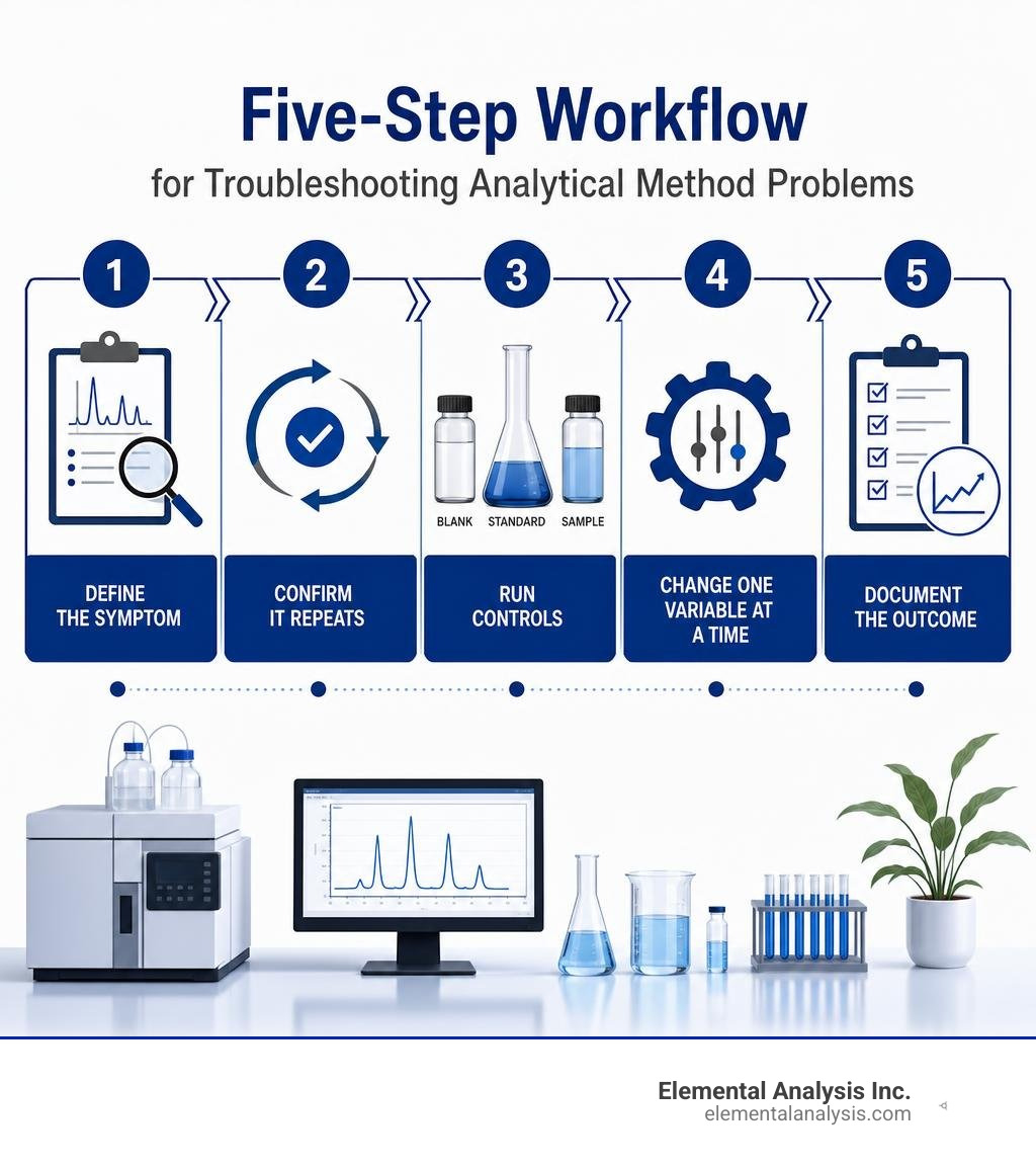 Five-step workflow for troubleshooting analytical method problems infographic Five-step workflow for troubleshooting analytical method problems infographic