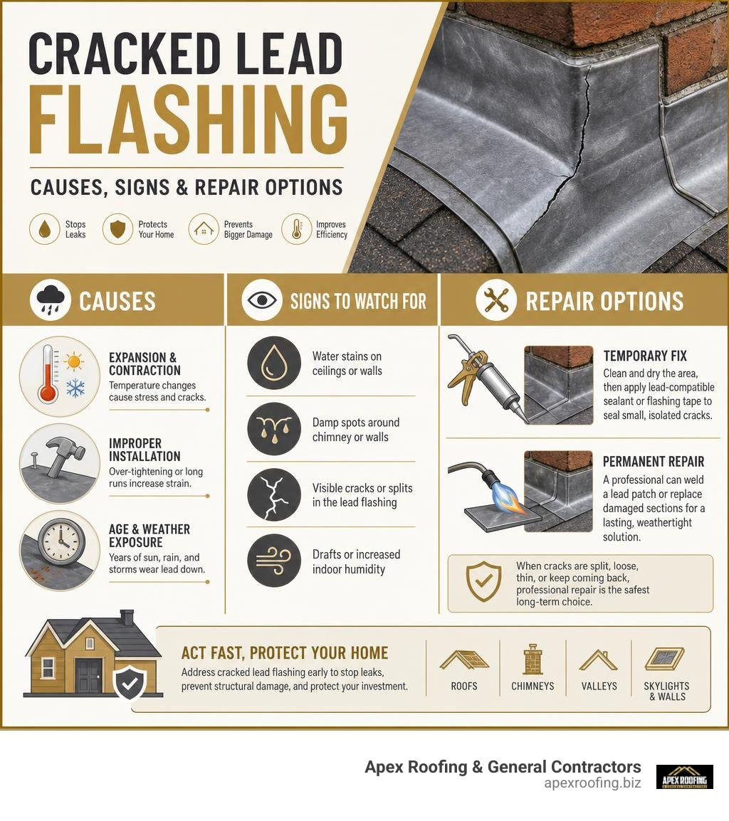Infographic showing cracked lead flashing causes signs and repair options infographic