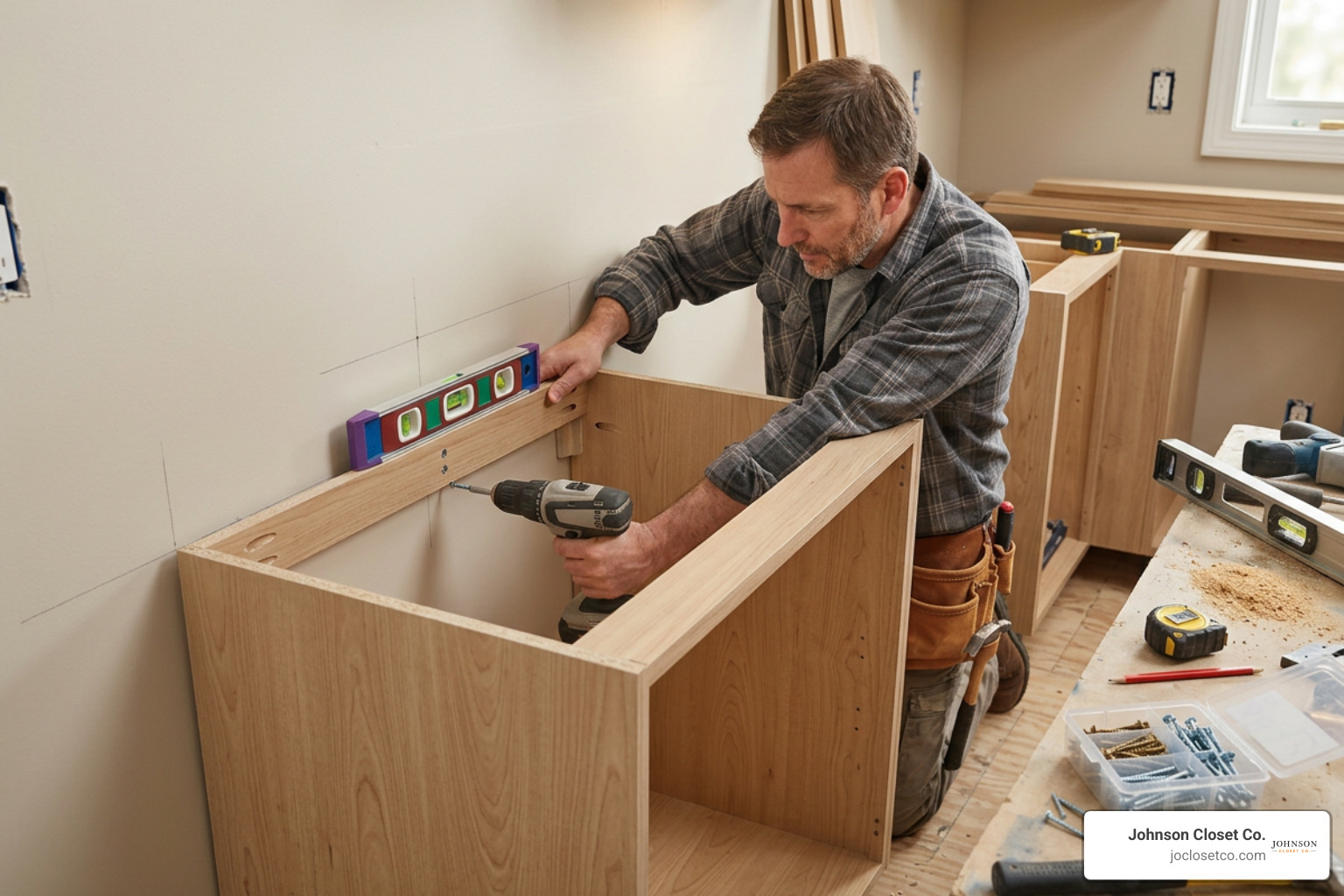 woodworker securing base cabinets to wall studs woodworker securing base cabinets to wall studs