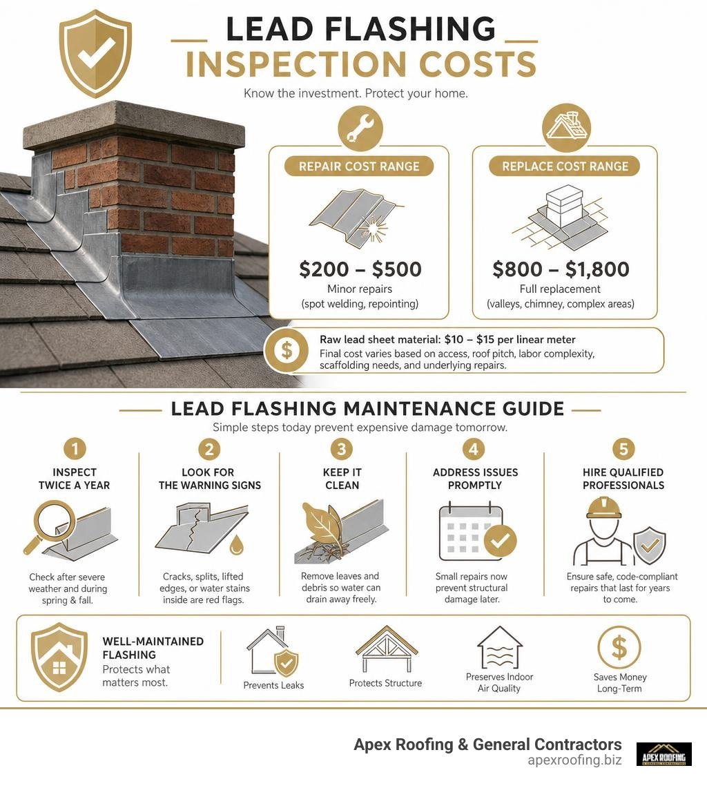 Infographic summarizing lead flashing inspection costs and maintenance guidelines infographic