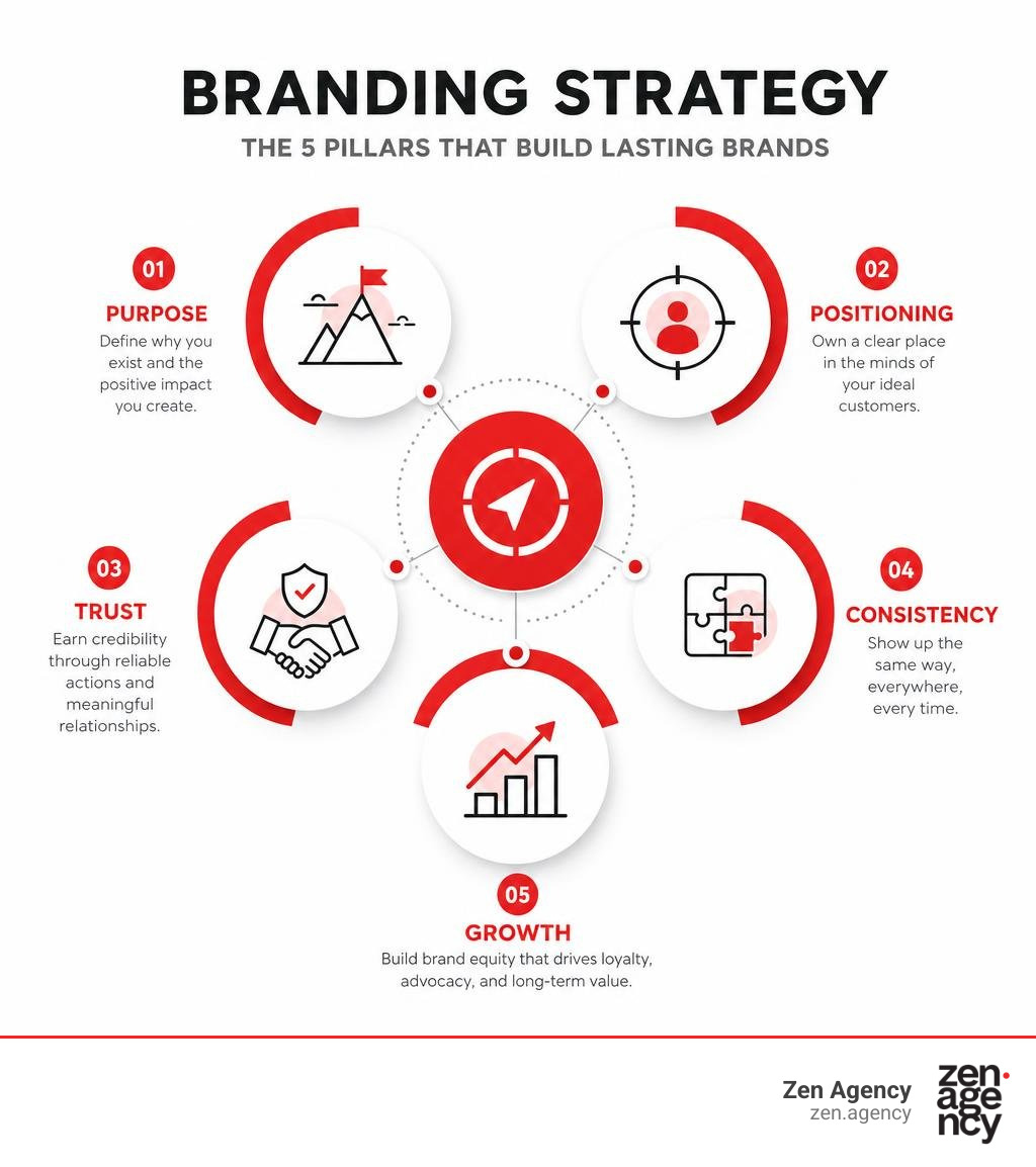 Branding strategy infographic showing purpose positioning trust consistency and growth infographic Branding strategy infographic showing purpose positioning trust consistency and growth infographic