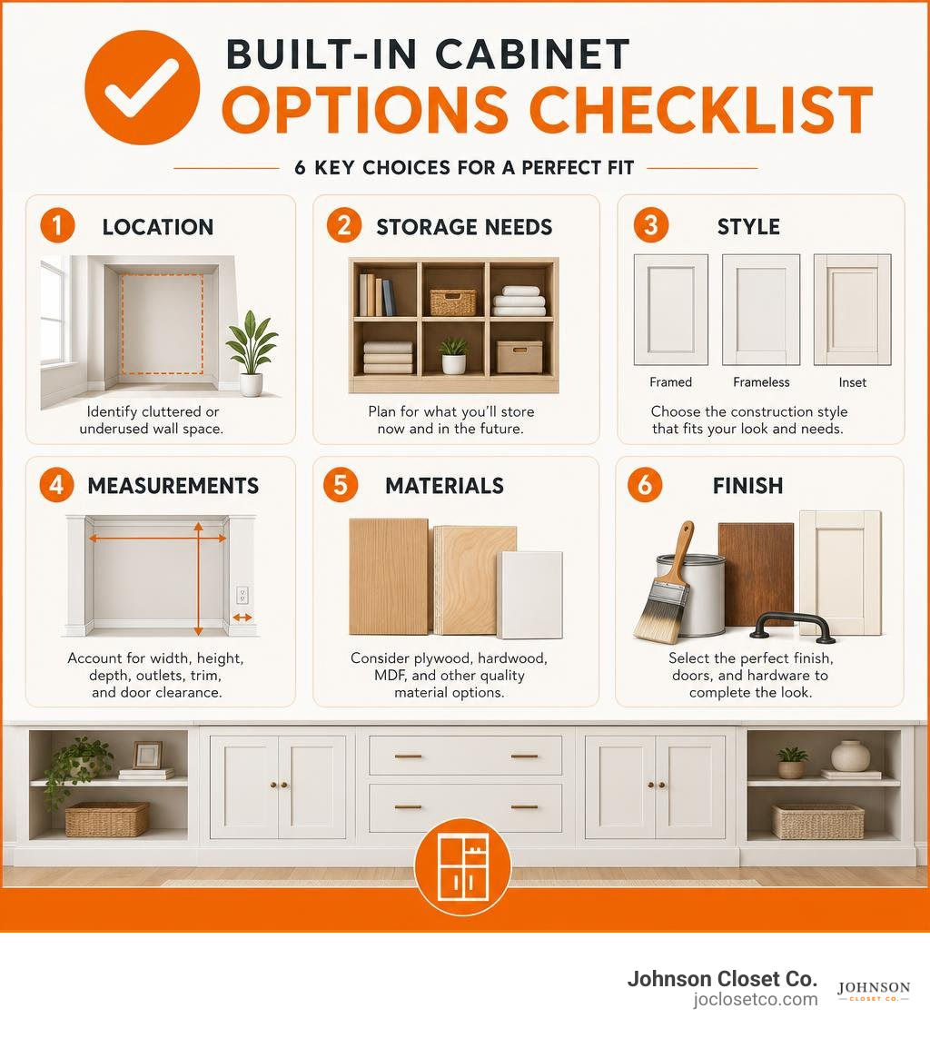 Built-in cabinet options checklist:location, storage needs, style, measurements, materials, finish infographic