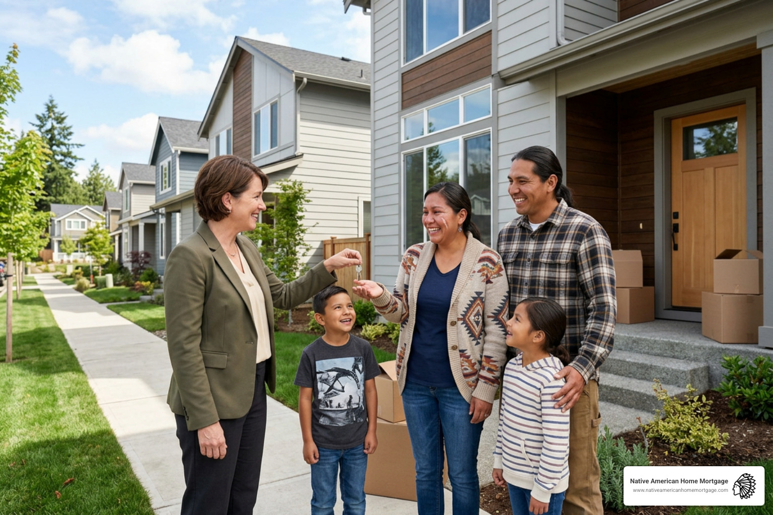 Native American family receiving keys to their new home Native American family receiving keys to their new home