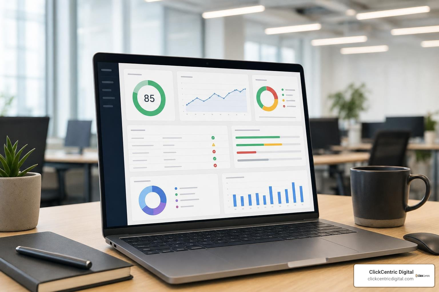 SEO audit software dashboard displaying technical checks and site health score