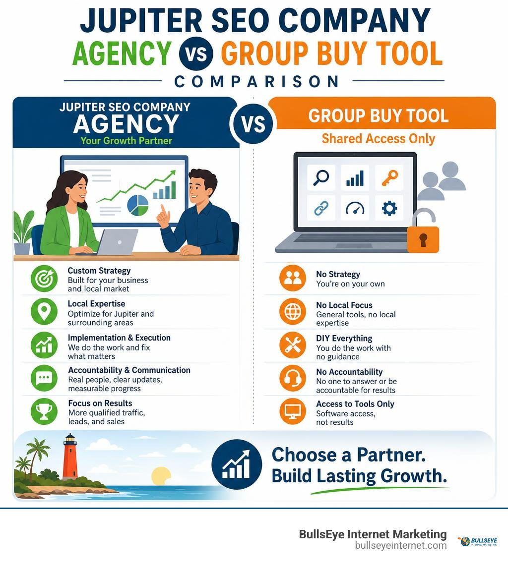 Jupiter SEO company comparison: BullsEye Internet Marketing agency versus group buy tool, highlighting custom strategy