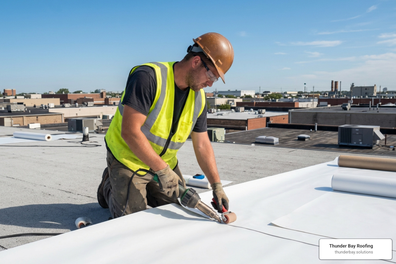 contractor heat-welding a low slope roof membrane