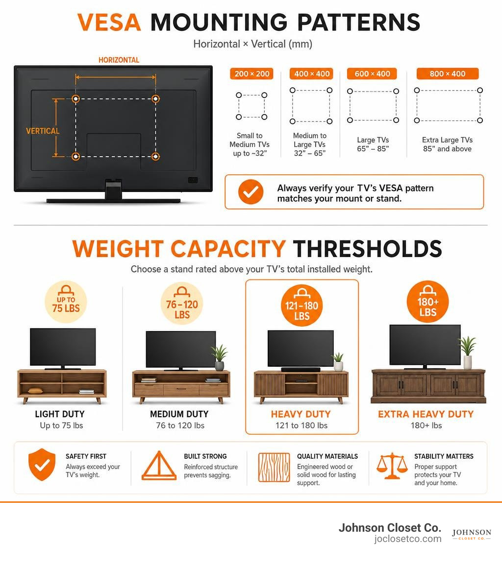 VESA mounting patterns and weight capacity thresholds infographic VESA mounting patterns and weight capacity thresholds infographic