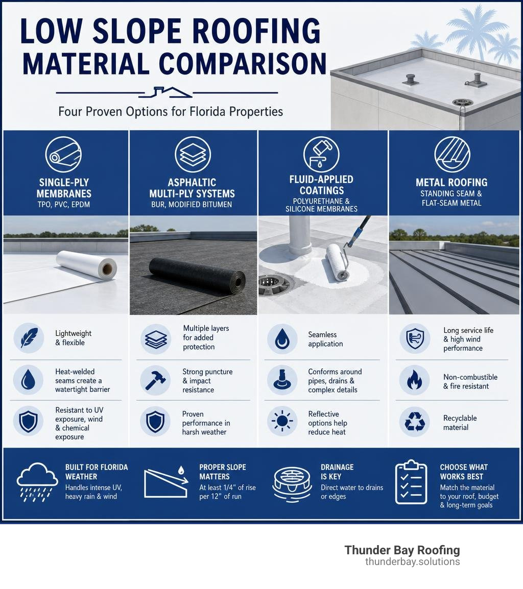 Low slope roofing material comparison: membranes, asphalt systems, fluid-applied coatings, and metal infographic