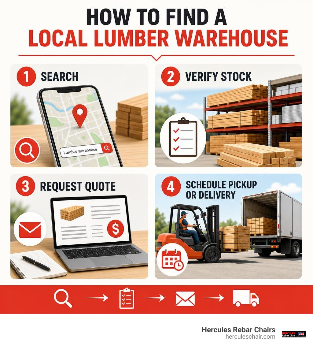 How to find a local lumber warehouse: search, verify stock, request quote, schedule pickup or delivery infographic