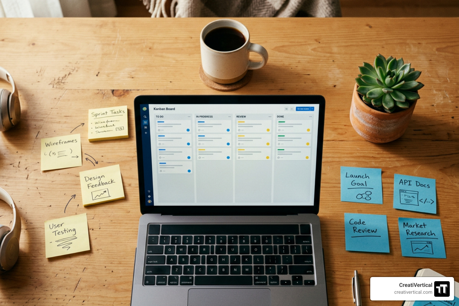 Agile kanban sprint board tracking software developer tasks and code reviews