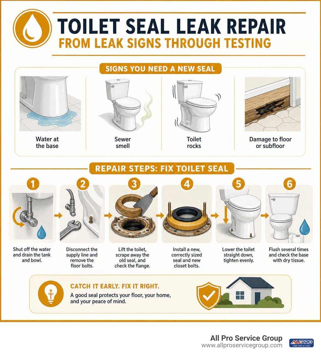 Toilet seal leak repair steps from leak signs through testing infographic