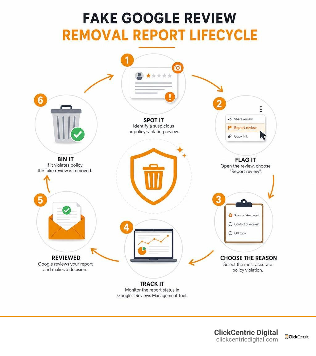 Fake Google review removal report lifecycle infographic