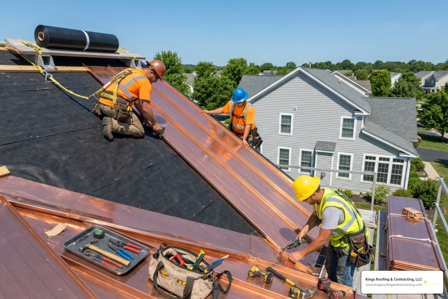 Contractors laying underlayment and installing standing seam metal panels Contractors laying underlayment and installing standing seam metal panels