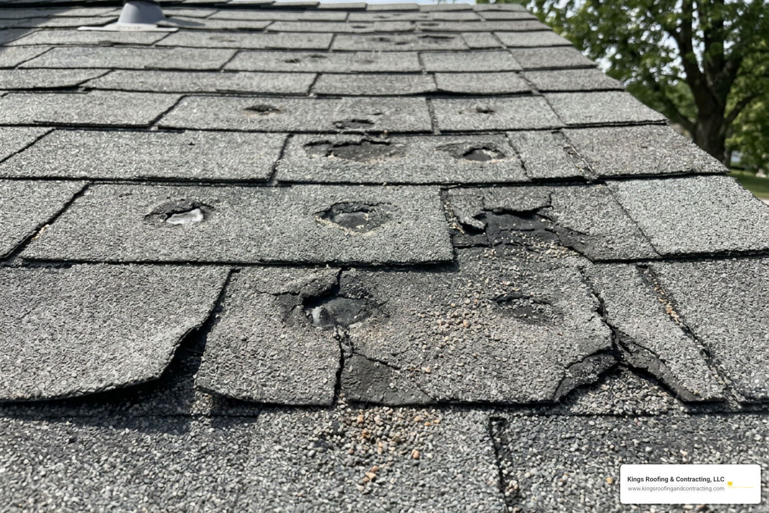 Hail and wind damaged roof shingles showing loss of protective granules Hail and wind damaged roof shingles showing loss of protective granules