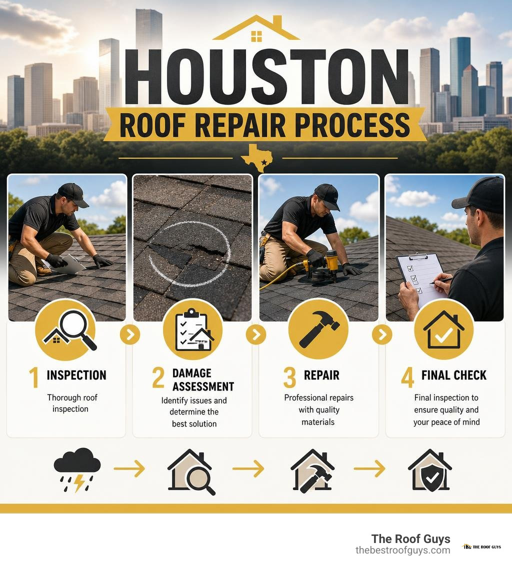 Houston roof repair inspection, damage assessment, repair, and final check infographic Houston roof repair inspection, damage assessment, repair, and final check infographic