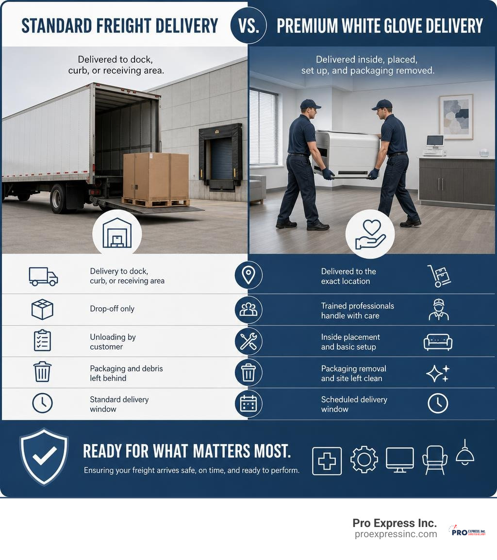 Standard freight delivery versus premium white glove delivery infographic Standard freight delivery versus premium white glove delivery infographic