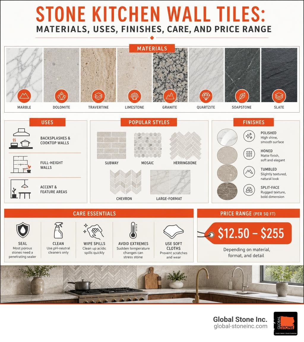 Stone kitchen wall tiles: materials, uses, finishes, care, and price range infographic