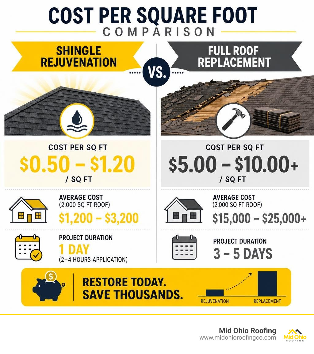 Cost per square foot comparison of shingle rejuvenation versus full roof replacement infographic