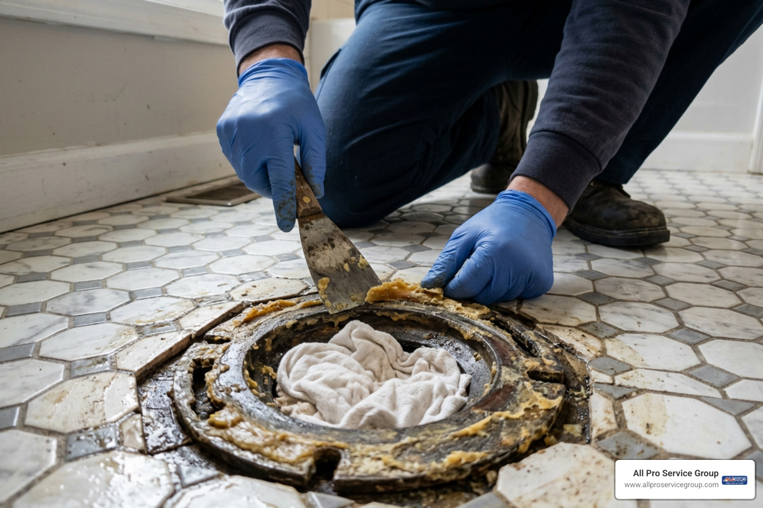 Scraping old wax off a floor flange with a putty knife
