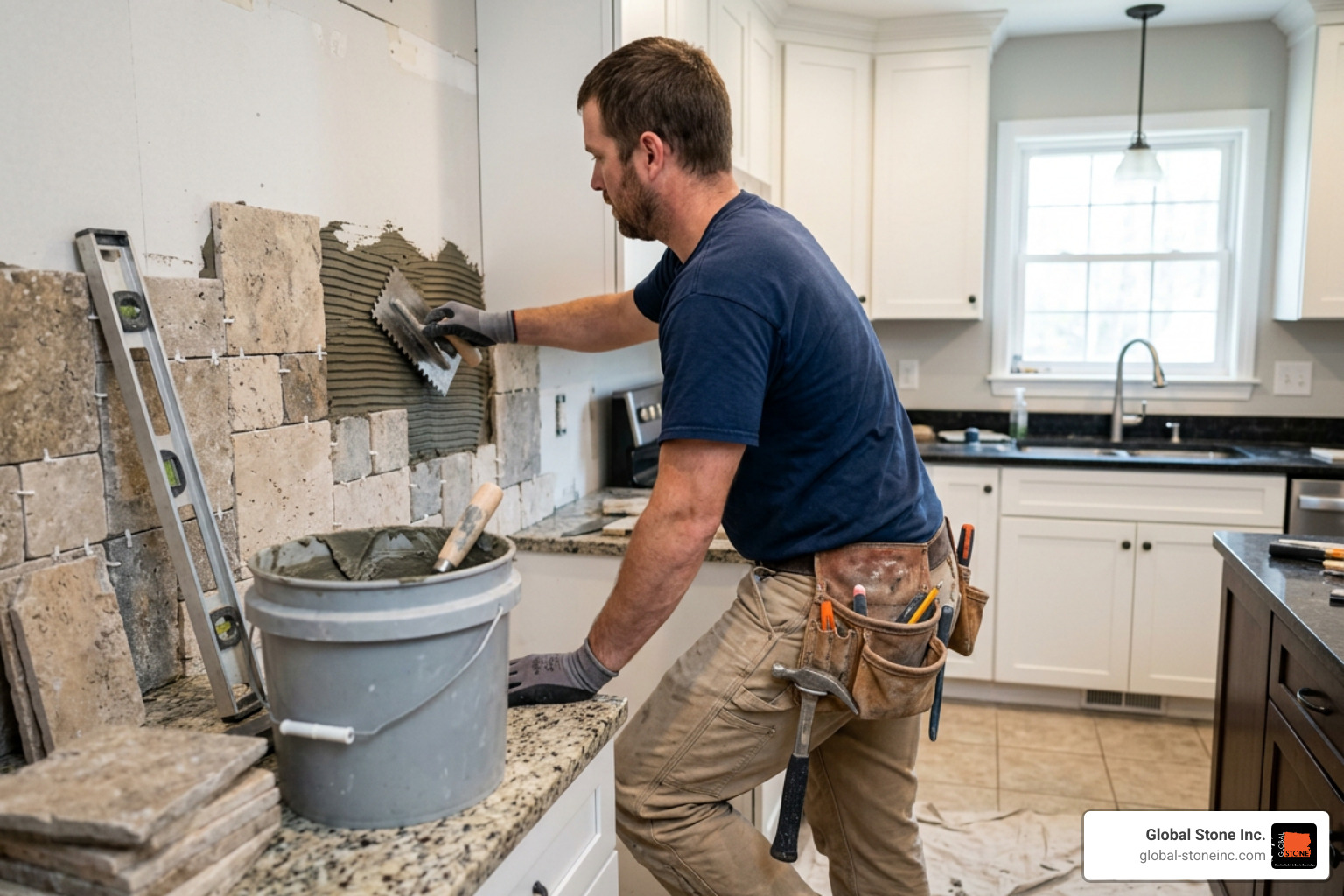 Professional tile installer setting natural stone tiles on a wall with mortar