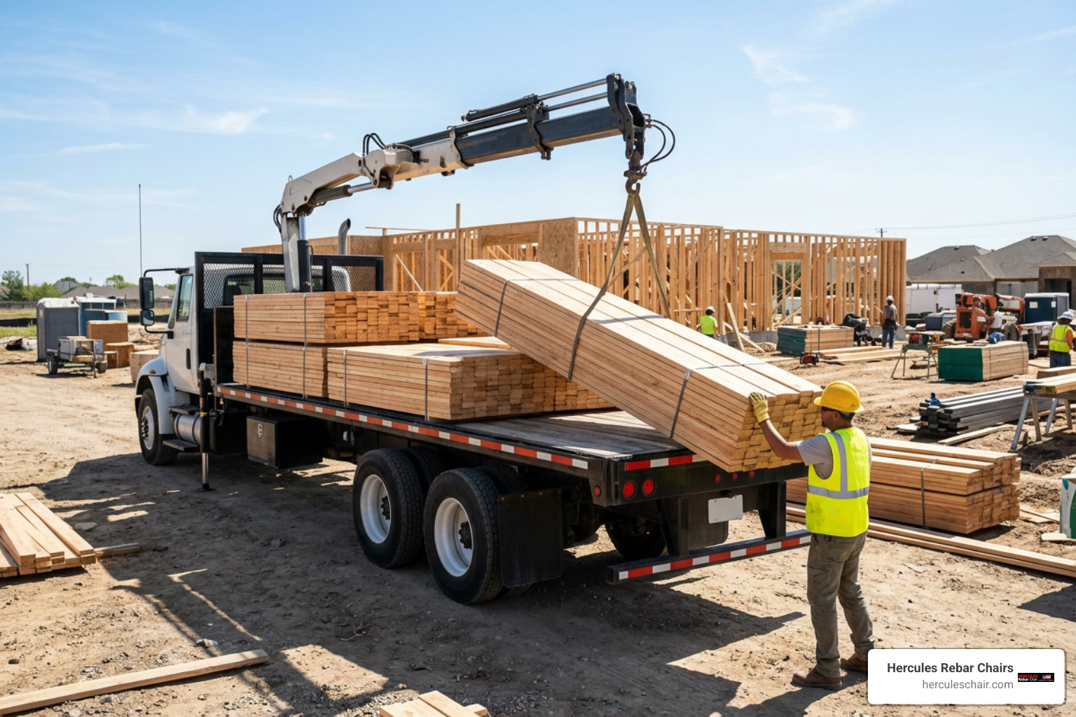 flatbed delivery truck unloading framing lumber at construction site