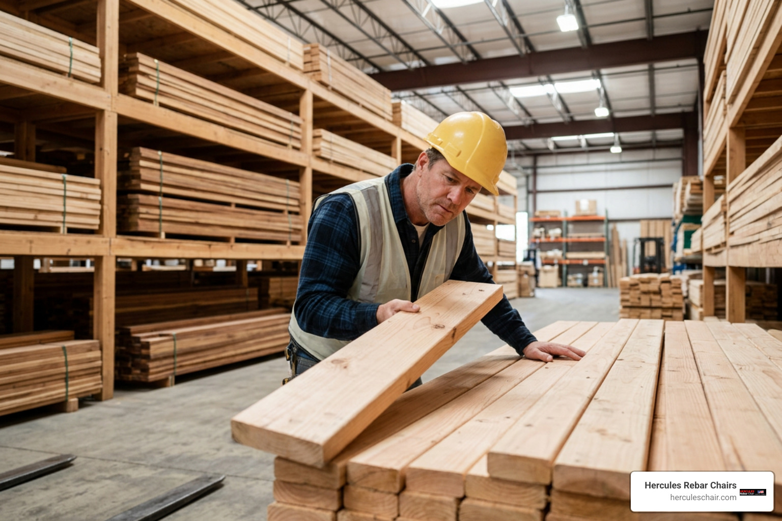 contractor inspecting lumber quality in a warehouse