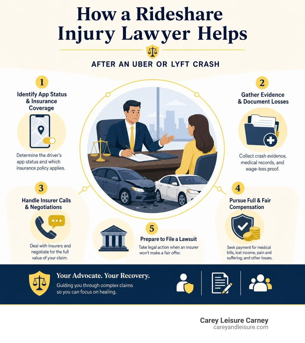 How a rideshare injury lawyer helps after an Uber or Lyft crash infographic