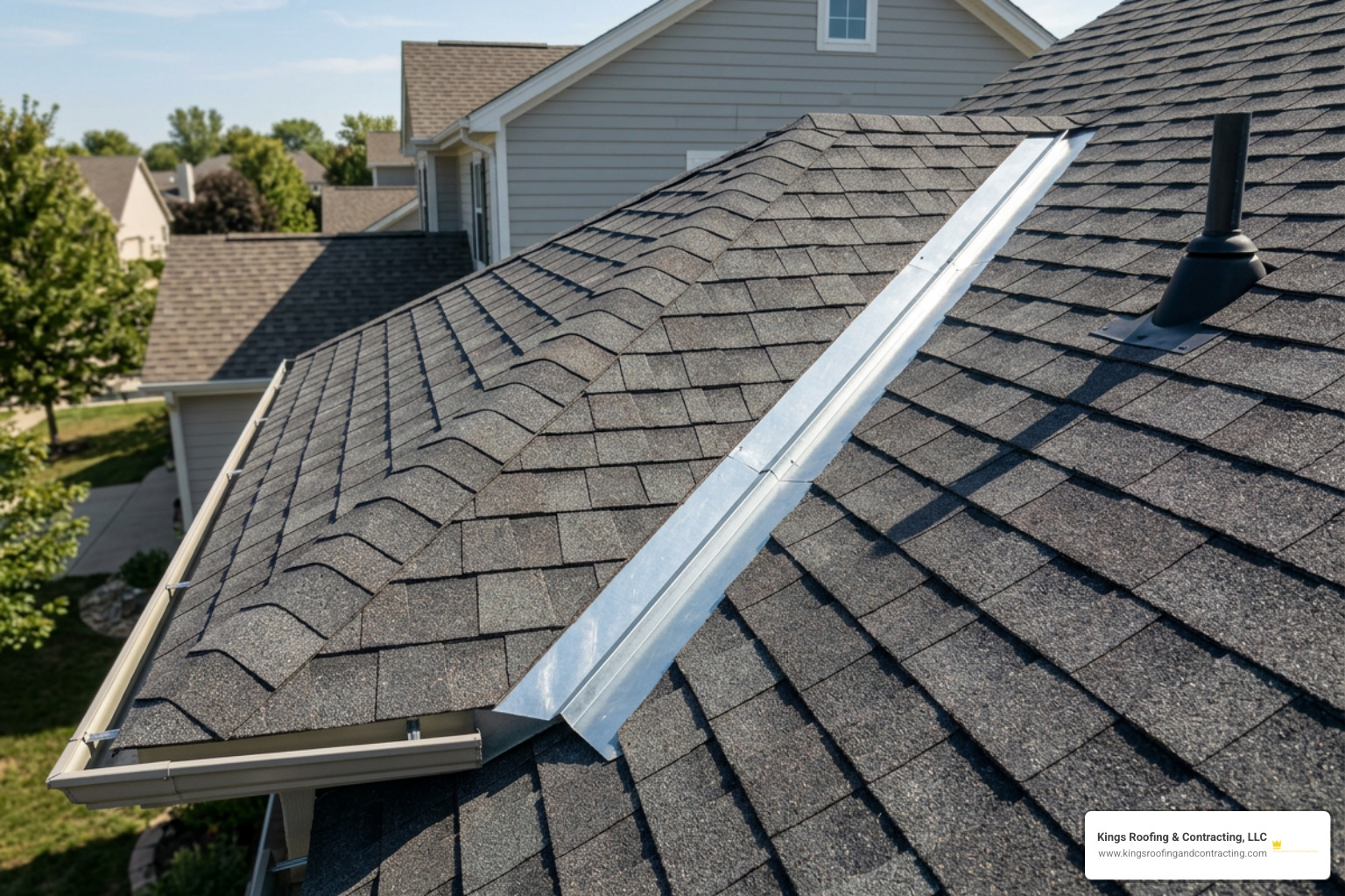 Clean roof valley metal flashing and newly installed composition shingle roof Clean roof valley metal flashing and newly installed composition shingle roof