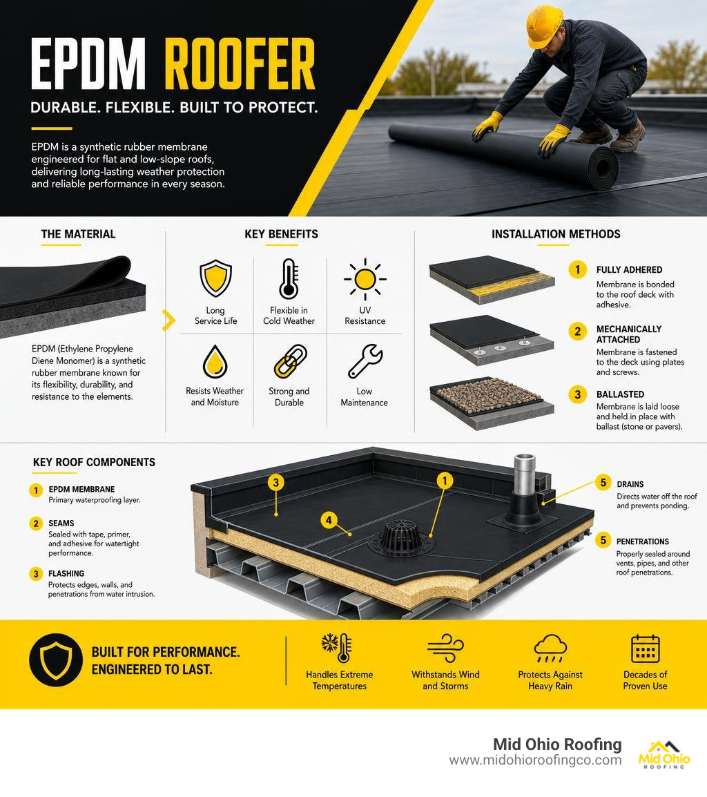 EPDM roofer infographic: material, benefits, installation methods, and key roof components infographic