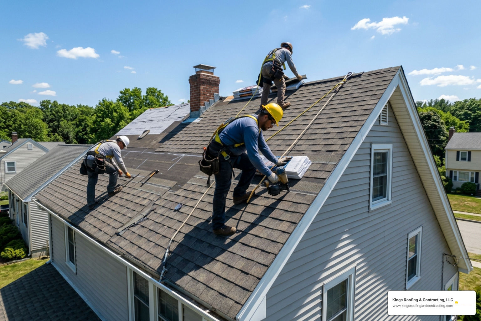 Professional roofing team installing high-wind rated composition shingles on a steep slope home Professional roofing team installing high-wind rated composition shingles on a steep slope home