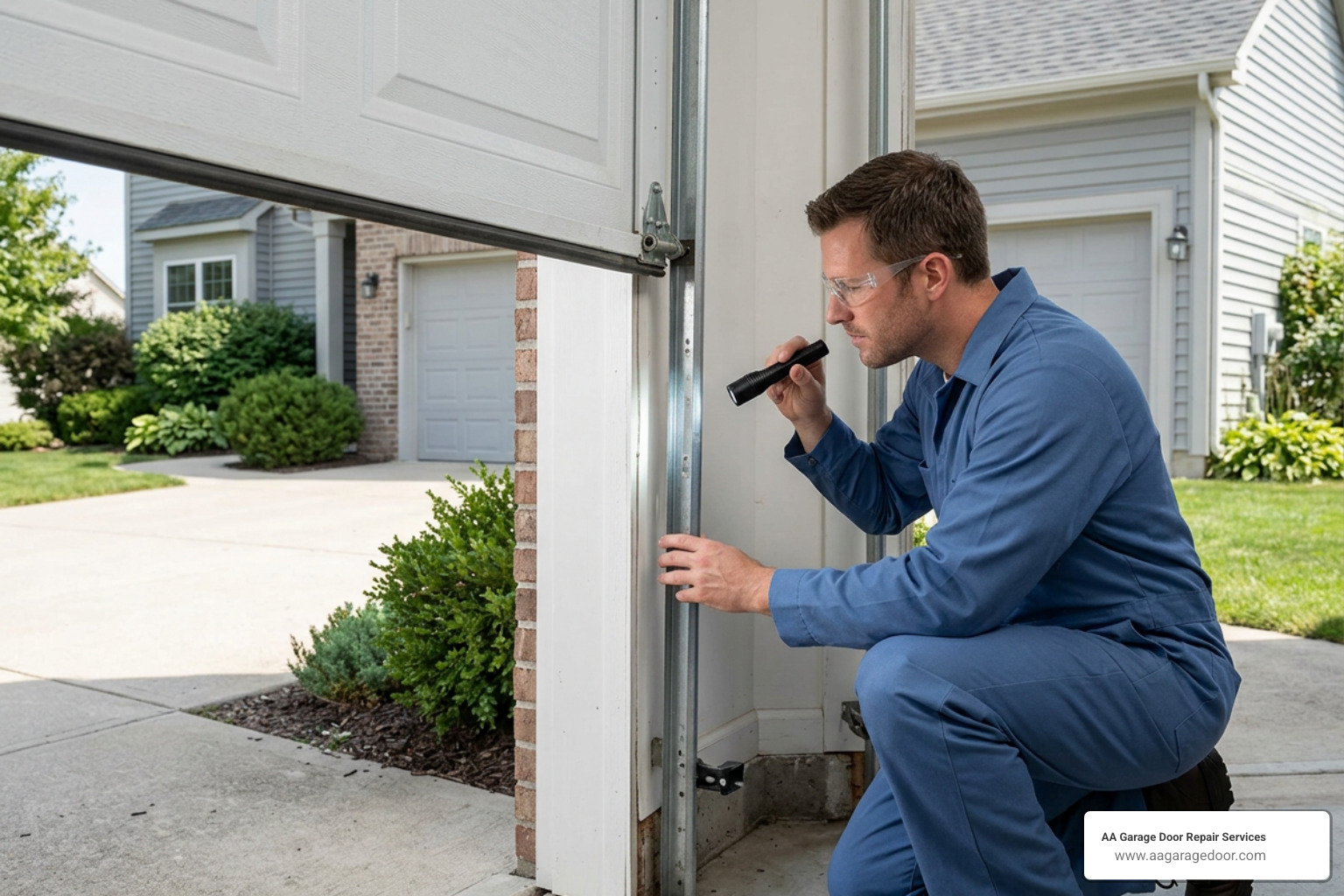 Technician inspecting a garage door track for obstructions Technician inspecting a garage door track for obstructions