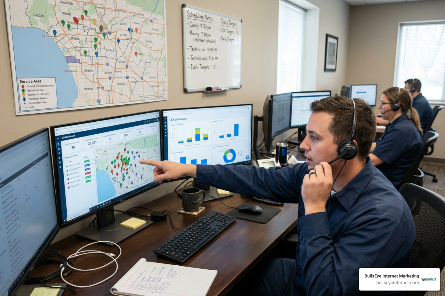 Plumbing dispatch CRM dashboard integrating call tracking, booked-job markers, and LSA attribution BullsEye Internet Marketing team monitoring Google Local Services Ads performance and call tracking dashboards.