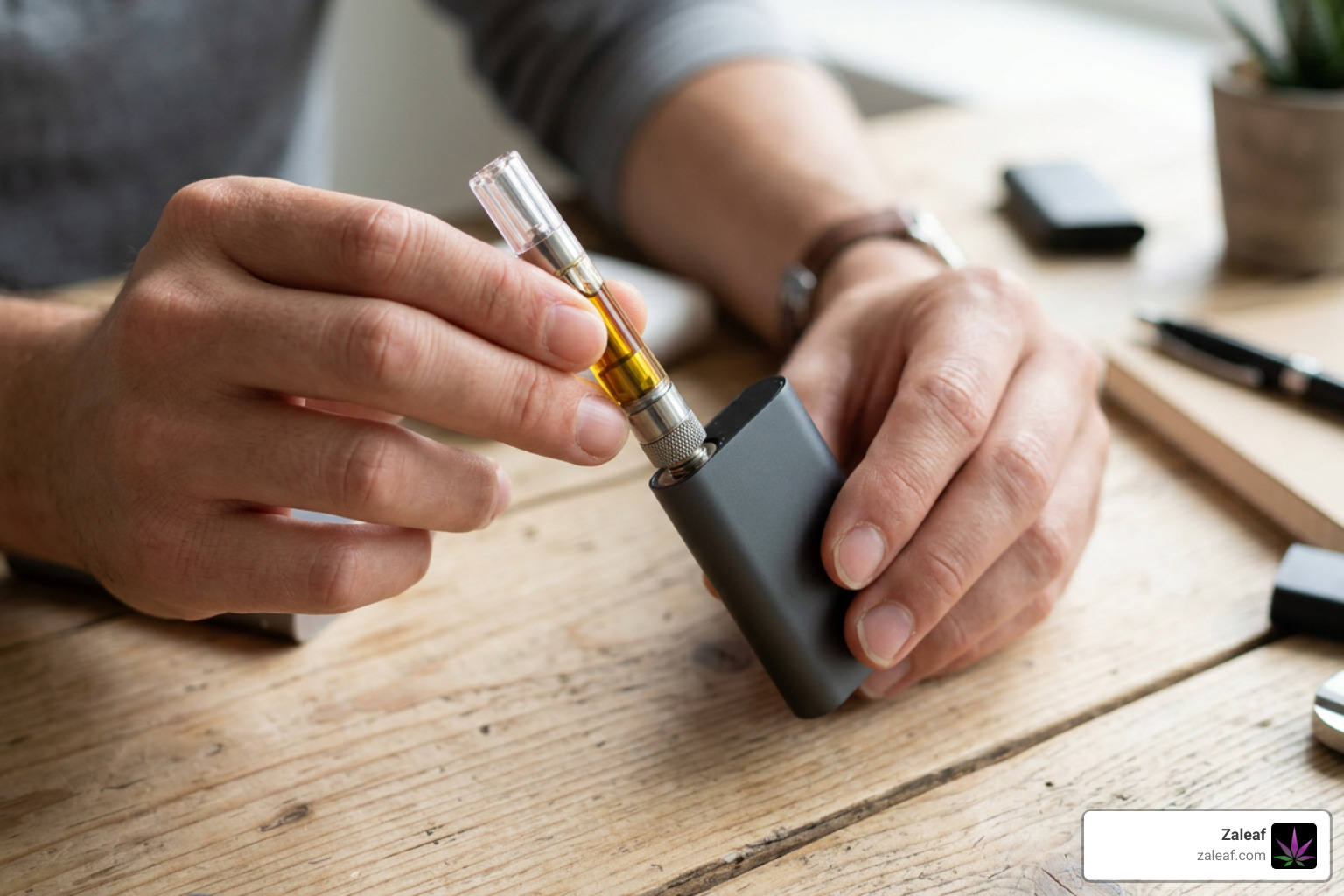 user setting up a Zaleaf vape cartridge user setting up a Zaleaf vape cartridge