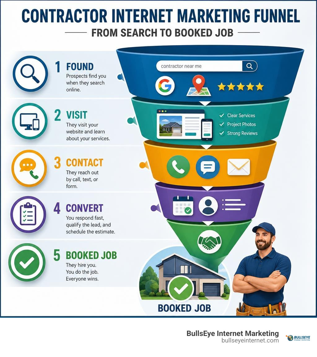 Contractor internet marketing funnel from search to booked job infographic Contractor internet marketing funnel illustrating search to booked job process, with Google search and website