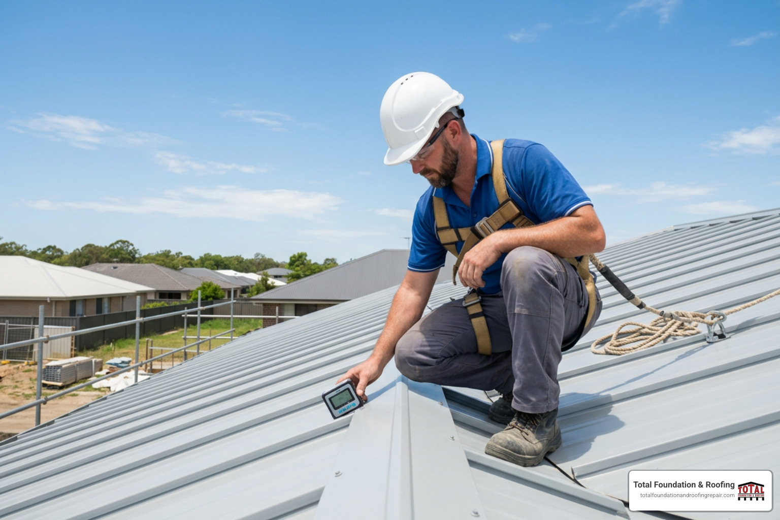 Worker measuring metal roof pitch with fall protection harness Worker measuring metal roof pitch with fall protection harness