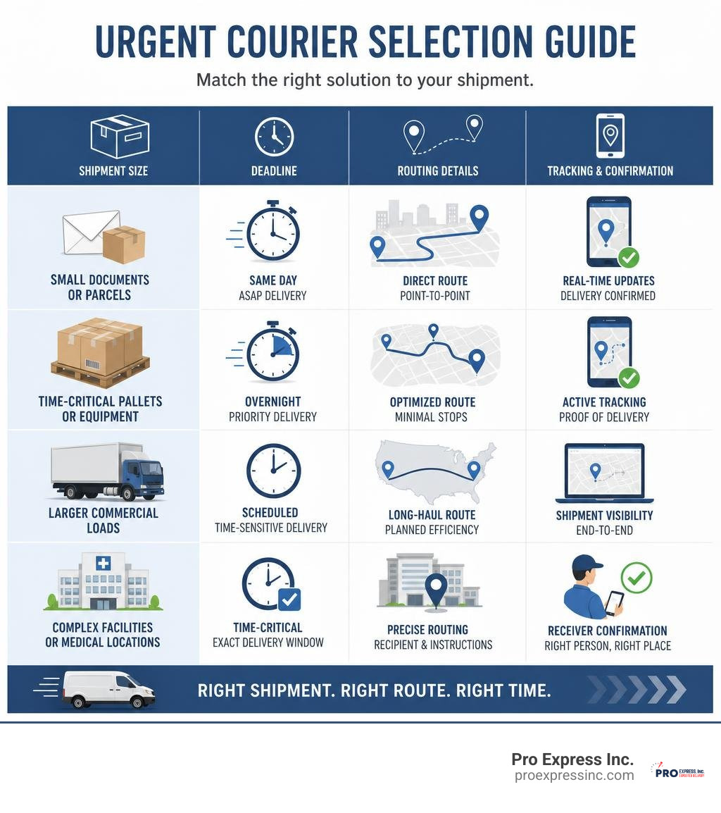 Infographic: urgent courier selection by shipment size, deadline, routing details, and tracking infographic