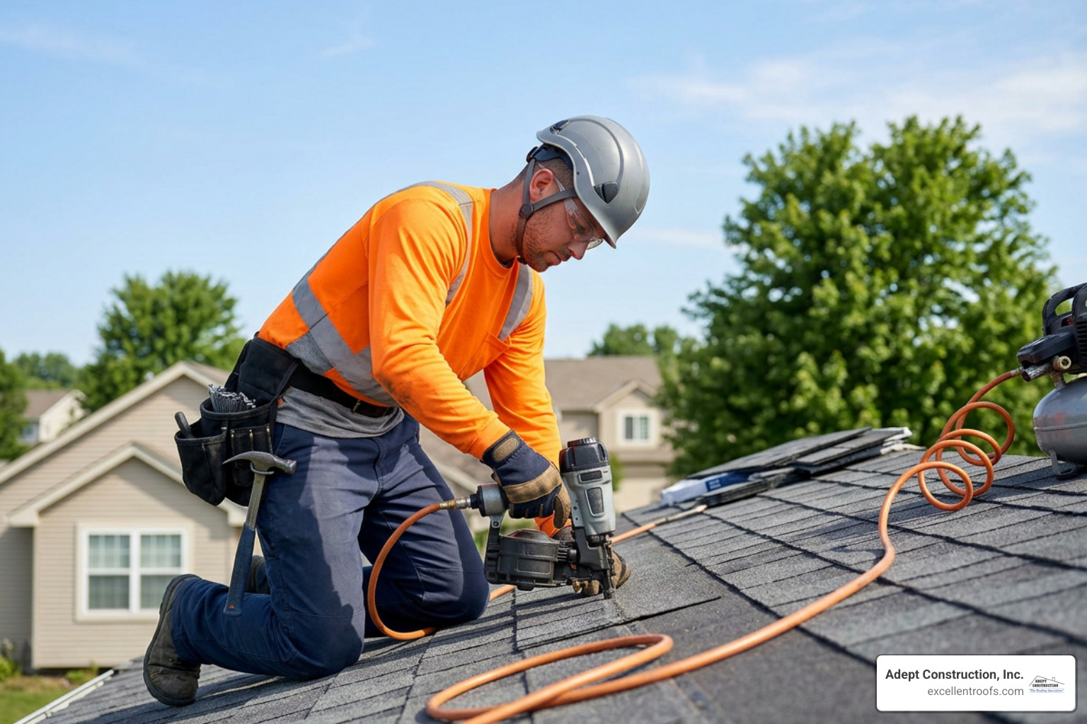 Professional roofer securing shingles with pneumatic nail gun along the exposure line