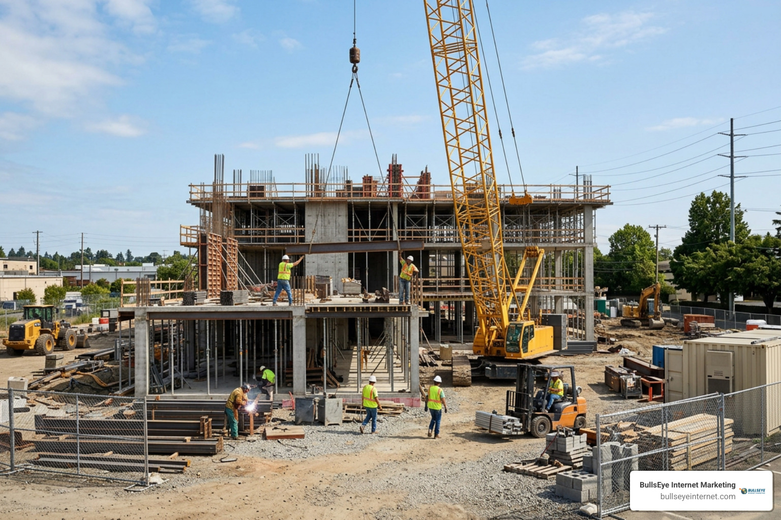 active job site construction project showcase Construction site with crane lifting materials, illustrating content creation for contractors and job site operations.