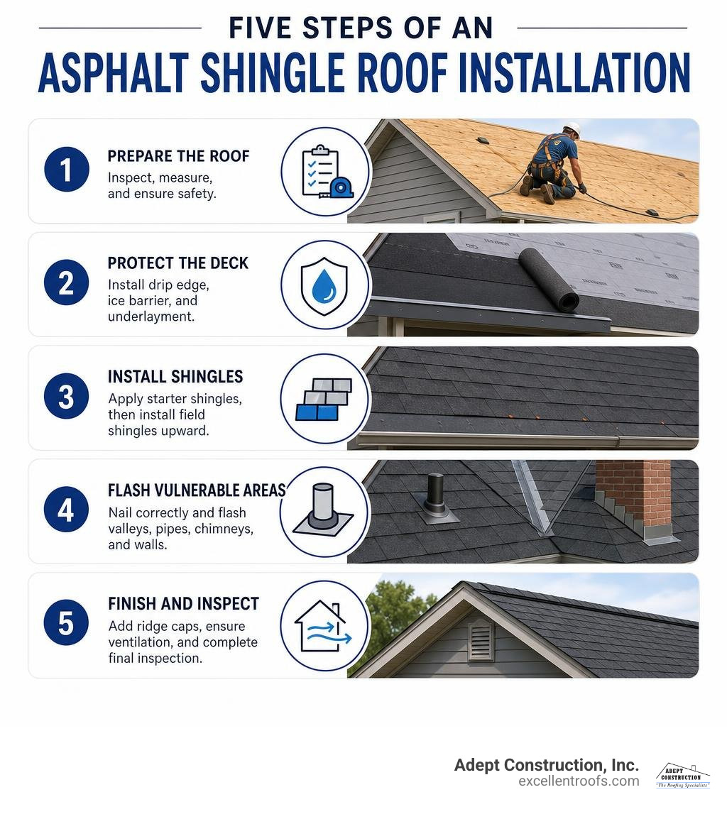 Five steps of an asphalt shingle roof installation infographic