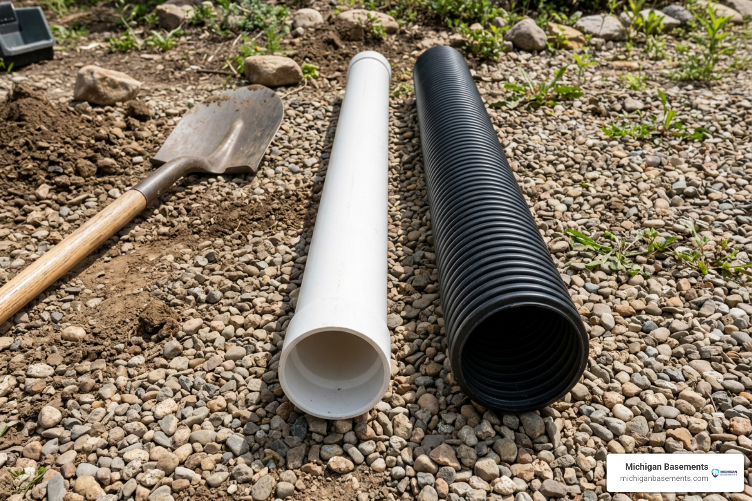 Rigid white PVC pipe next to black corrugated drainage pipe Rigid white PVC pipe next to black corrugated drainage pipe