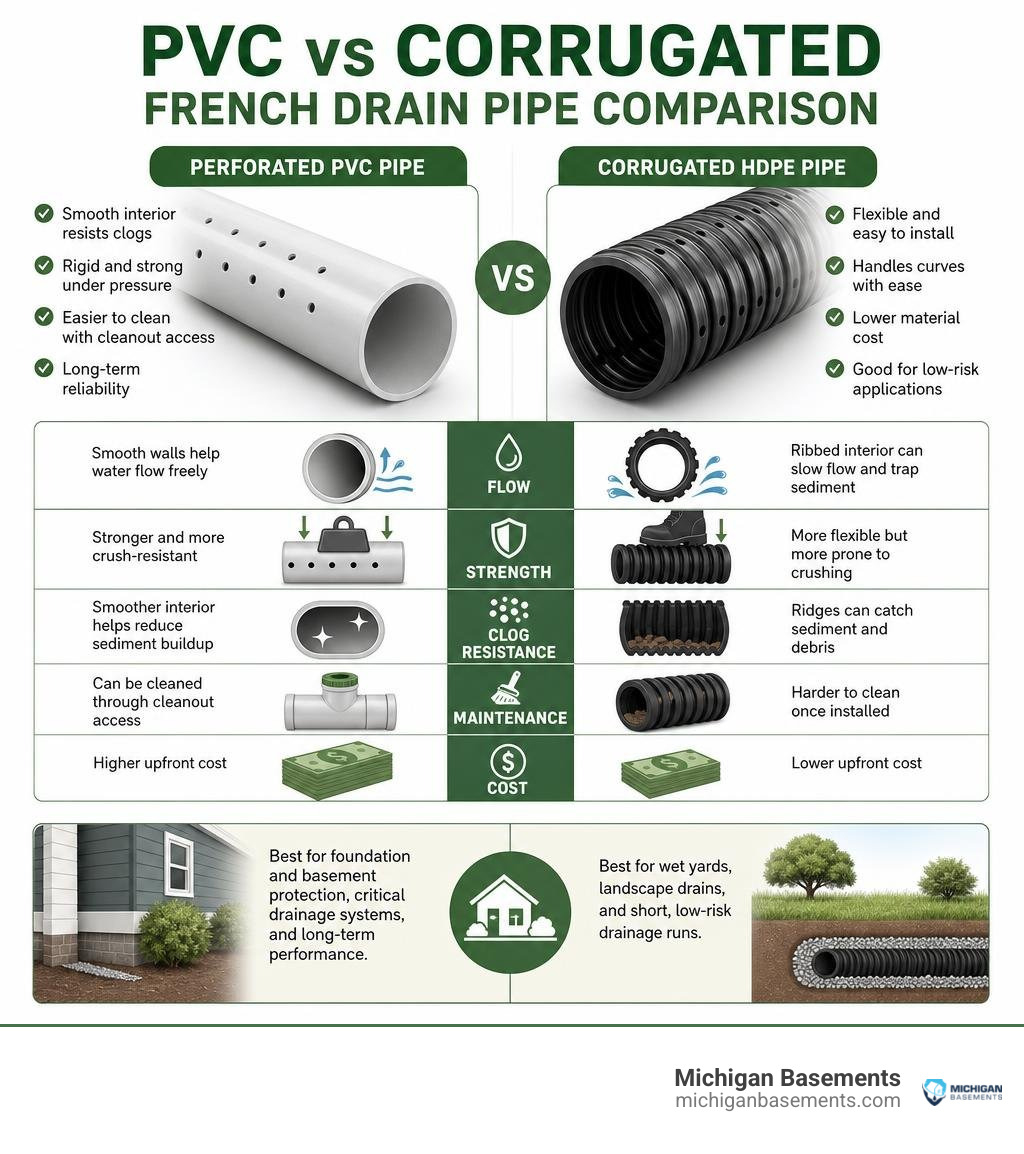 PVC versus corrugated French drain pipe comparison infographic PVC versus corrugated French drain pipe comparison infographic